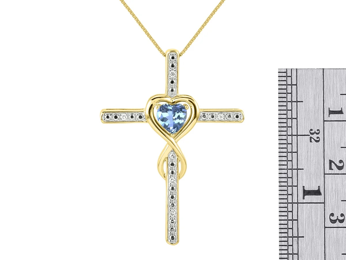 Yellow Gold Plated Silver Cross Necklace with Blue Topaz and Genuine Diamonds B18637