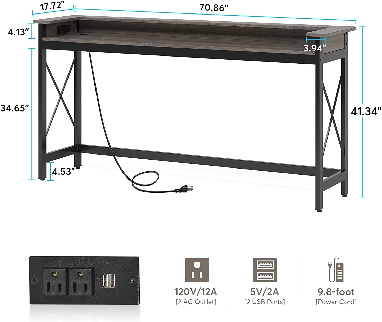 Grey 70.9 inch Console Table with Outlets and USB Ports T26955