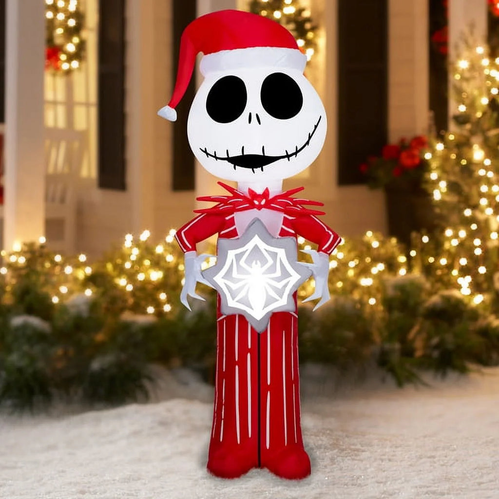 5.5 Foot Stylized Jack Skellington Inflatable with Spider Snowflake and Sally Holding Wreath J807