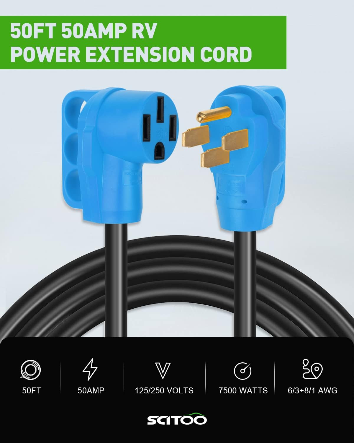 50 FT 50 Amp RV Extension Cord Power Supply Cable, 6AWG3C + 8AWG1C I538295