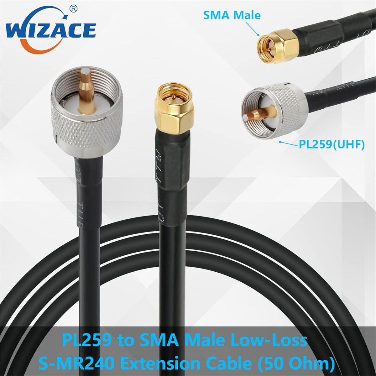 15 ft SMA Male to PL259 UHF Low-Loss Extension Cable (50 Ohm), Pure Copper Coaxial Cable P91178