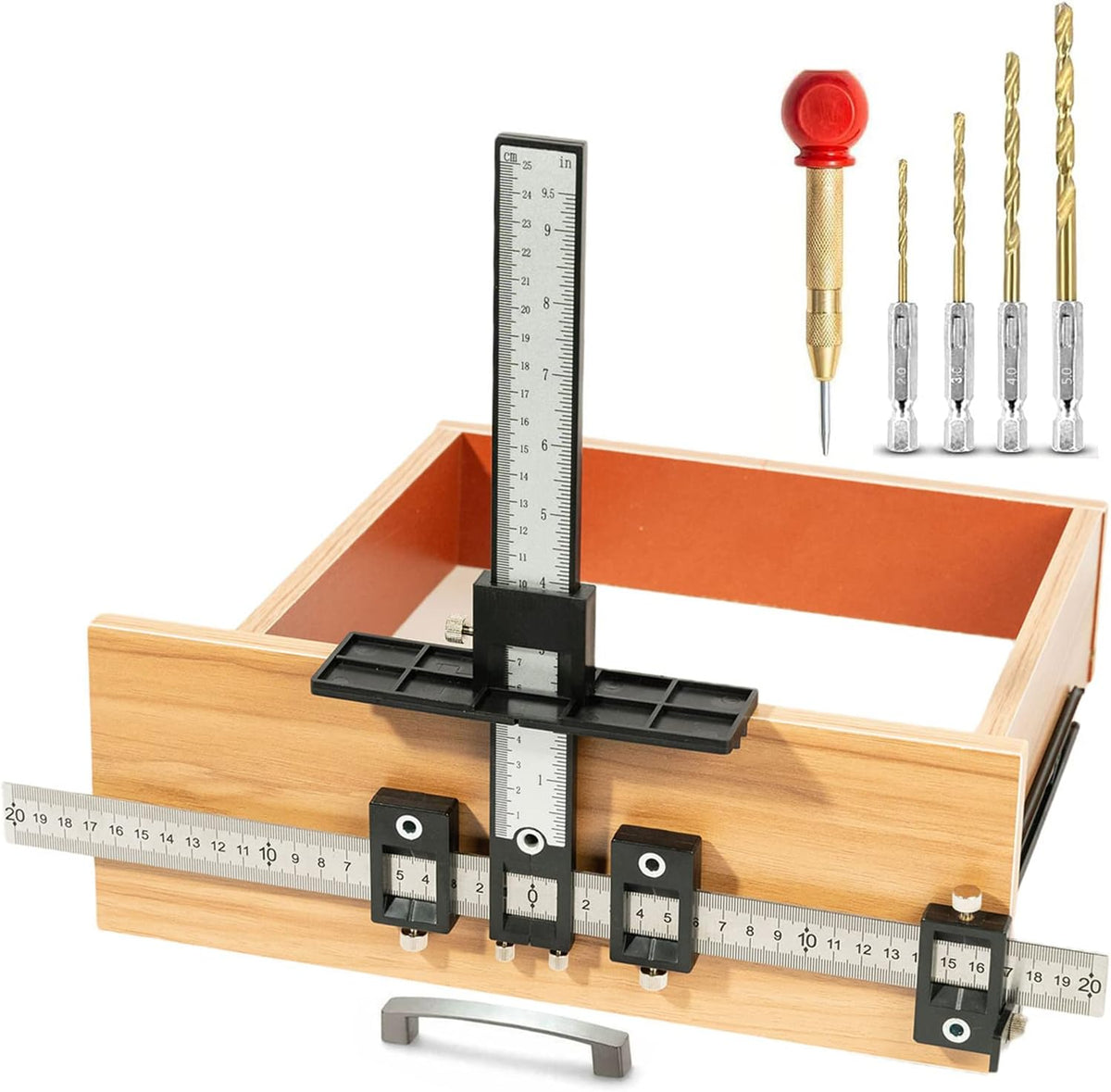 Cabinet Hardware Jig, Aluminum Alloy Handle Template Tool with Automatic Center Punch and 4 Drill Bits A107660
