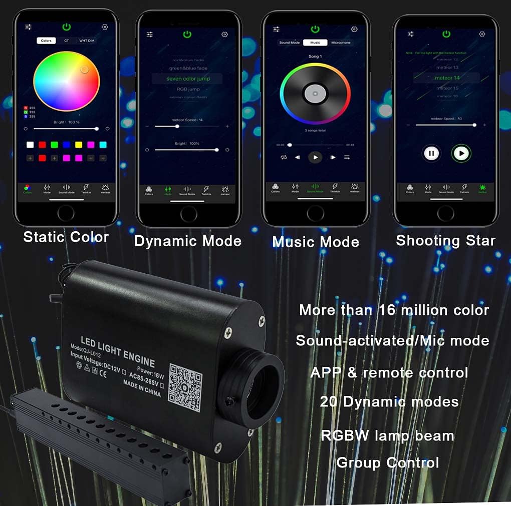 Bluetooth Car Use 16W RGBW Fiber Optic Light Star Ceiling Kits Music Mode 300pcs 0.03in 6.5ft Fiber Strands Remote/APP Control Headliner Light Decoration Y74958