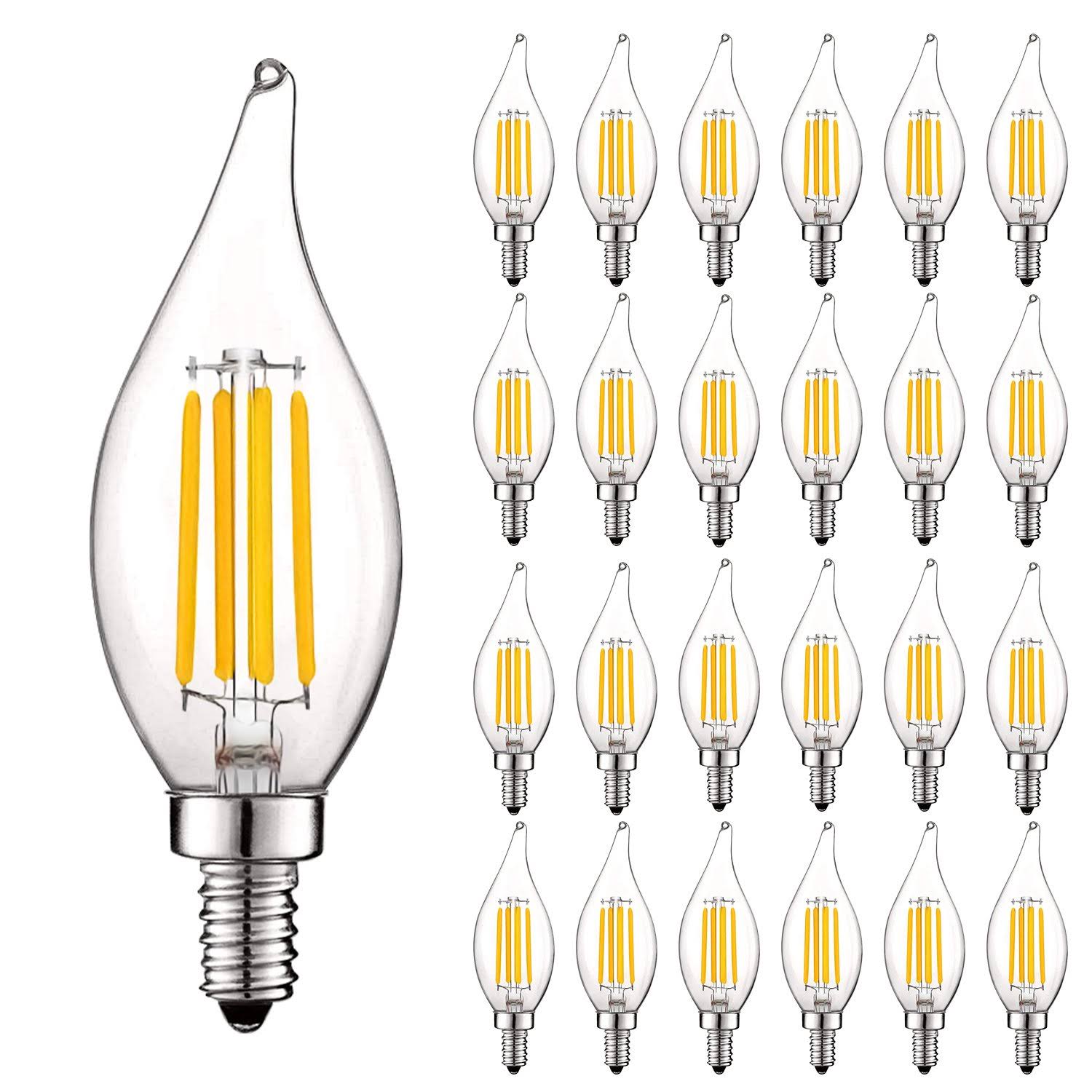24 Pack Dimmable LED Bulb, 550 Lumens, 3000K Soft White, Flame Tip Clear Glass N89082