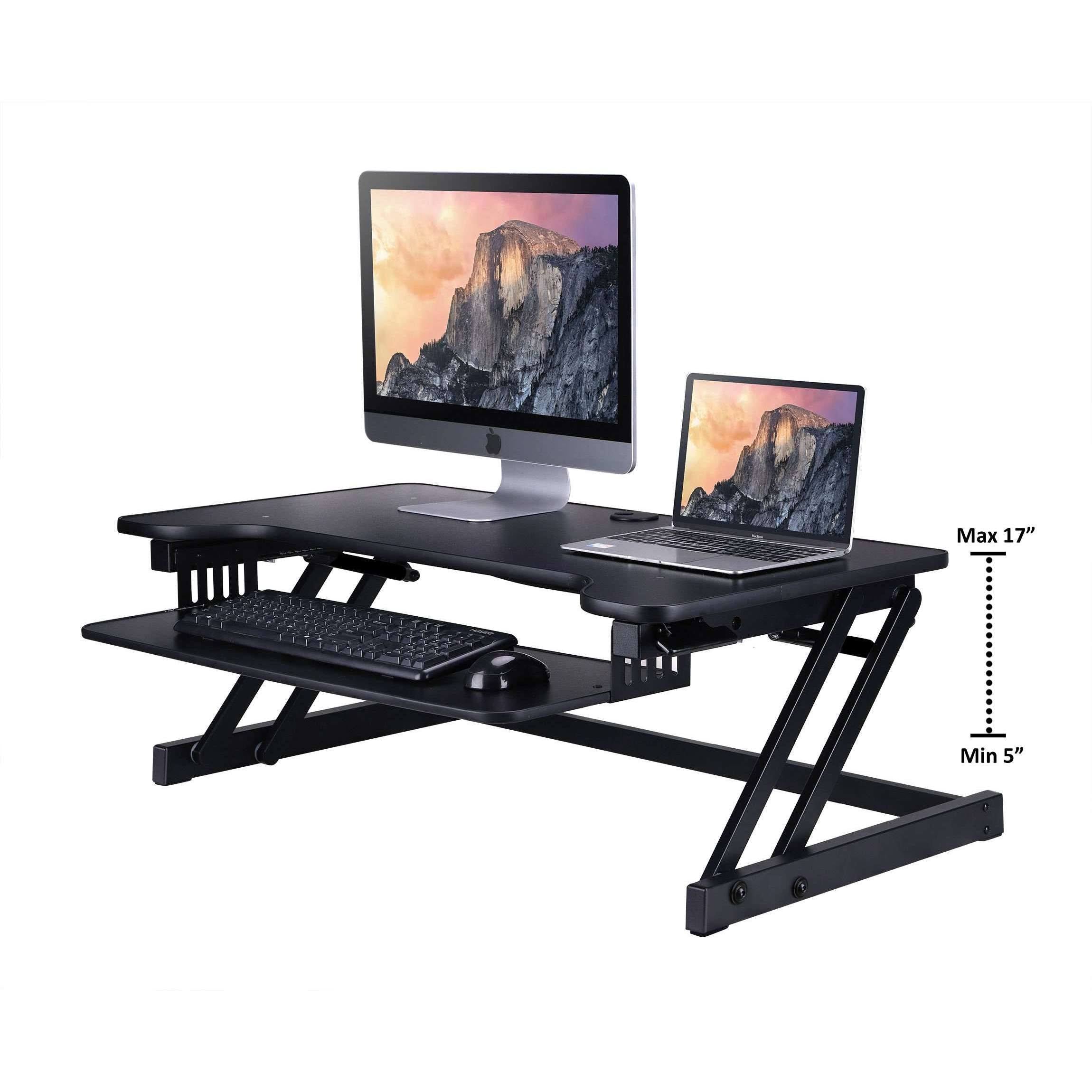 Black Height-Adjustable Standing Desk Converter with Dual Monitor Mount P749