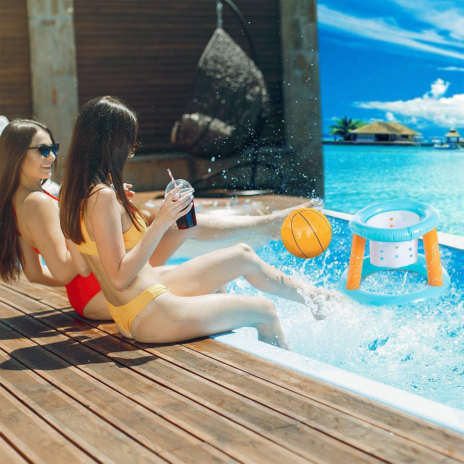 Inflatable Volleyball Net & Basketball Hoops Pool Float Set V422