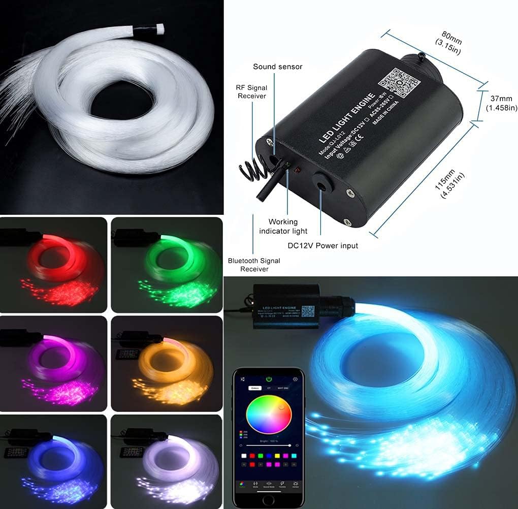 Bluetooth Car Use 16W RGBW Fiber Optic Light Star Ceiling Kits Music Mode 300pcs 0.03in 6.5ft Fiber Strands Remote/APP Control Headliner Light Decoration Y74958
