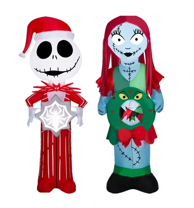 5.5 Foot Stylized Jack Skellington Inflatable with Spider Snowflake and Sally Holding Wreath J807