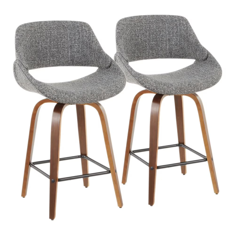 Mid-Century Modern Counter Stool in Walnut and Grey Noise Fabric - Set of 2 K420520