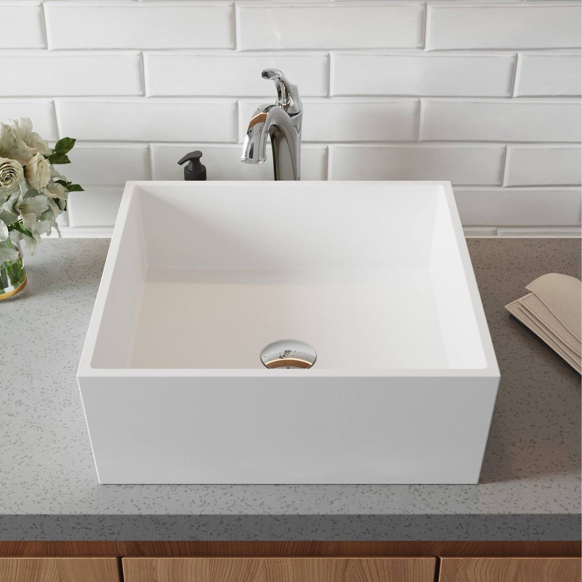 White Matte Solid Surface Square Bathroom Vessel Sink and Faucet Q1411