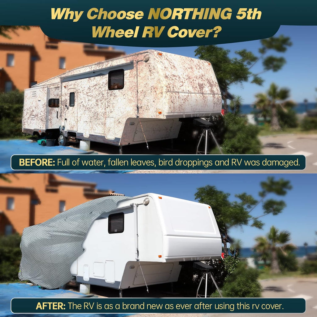 5th Wheel RV Trailer Cover with 4 Tire Covers & Windproof Straps W451495