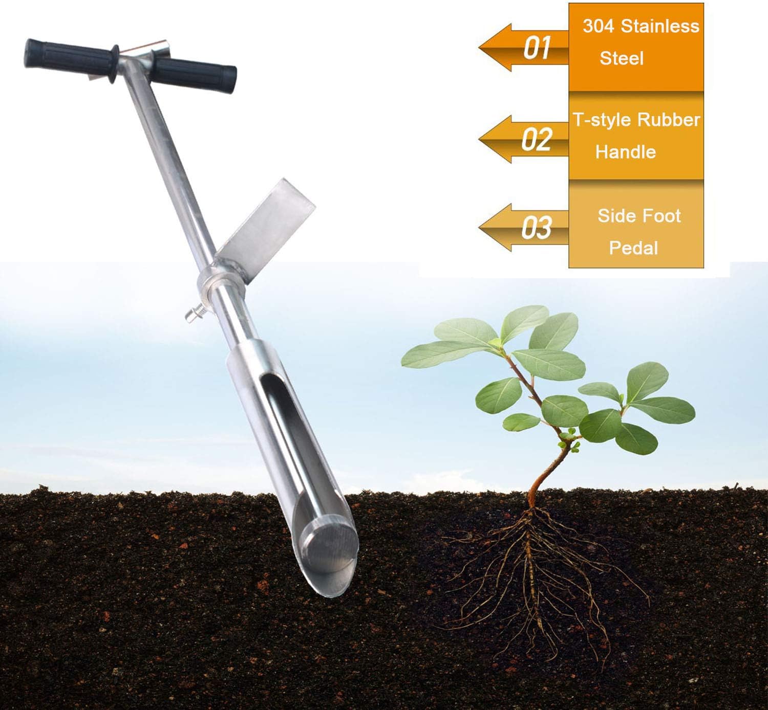 40" Soil Sampler Probe Rod with Sample Ejector, 304 Stainless Step Tube with Foot Pedal T-Style Handle R348193