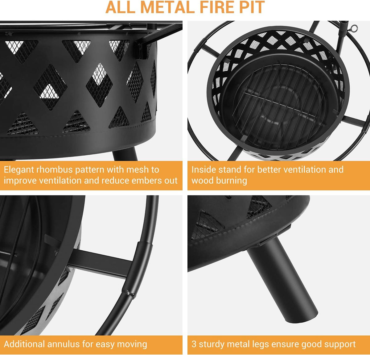 30 Inch Wood Burning Fire Pit with Cooking Grate, Mesh Lid & Poker M386