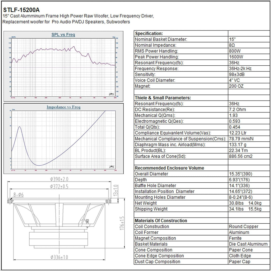 15” 800W Cast Aluminum Frame Woofer S173865