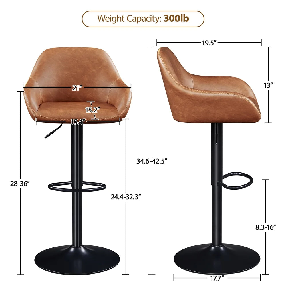 Vintage Adjustable Faux Leather Bar Stools with Backrest, Set of 2, Brown D228