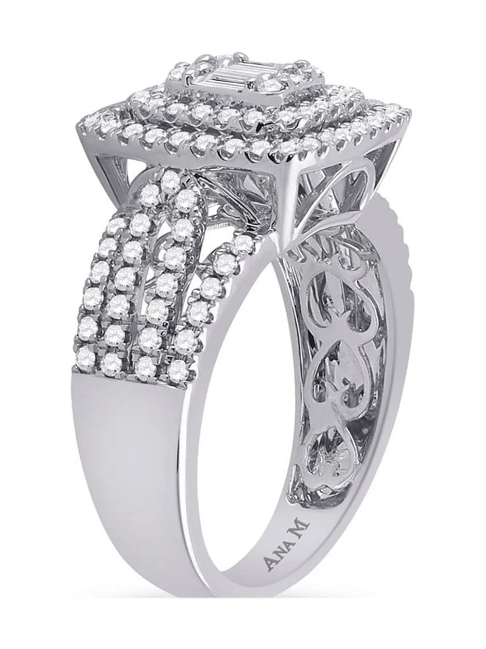 14kt White Gold Baguette Diamond Square Ring 7/8 Cttw E6118