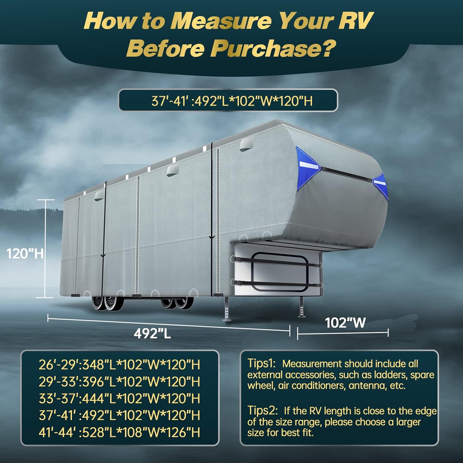 5th Wheel RV Trailer Cover with 4 Tire Covers & Windproof Straps W451495