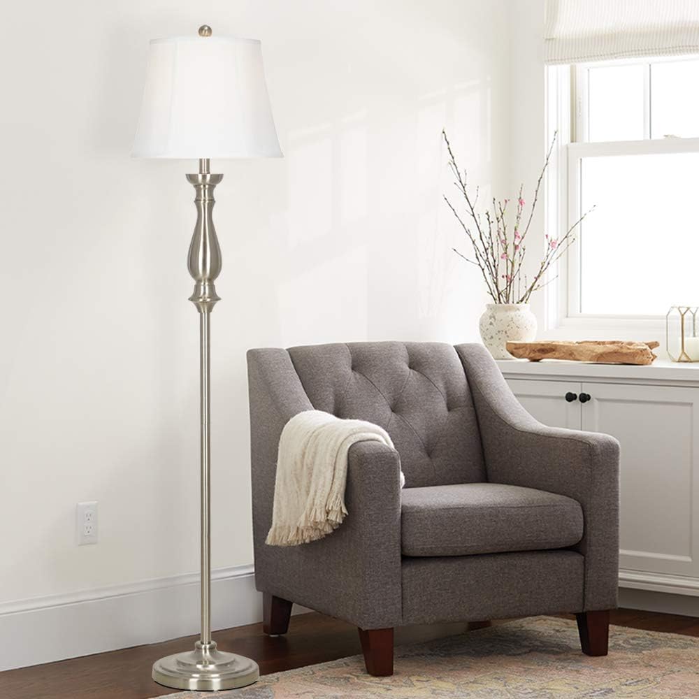 Brushed Steel Tall Floor Lamp with Linen Shade K494