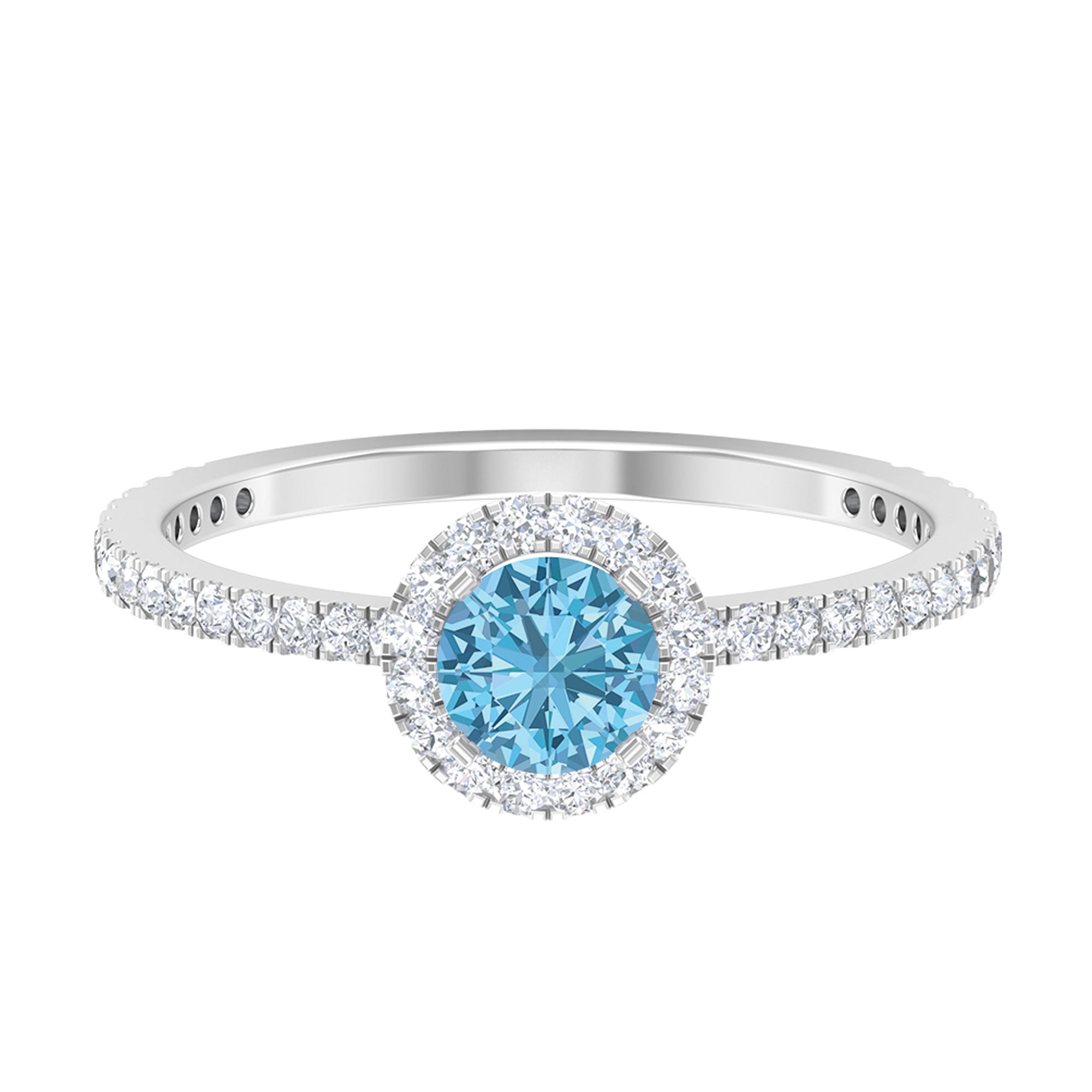 10K White Gold Aquamarine Ring with Diamond Halo F3108