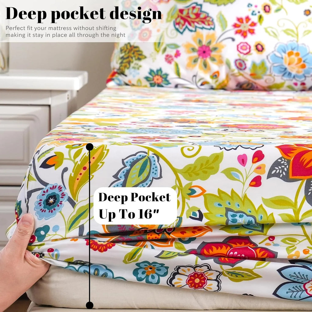 Queen Size 4 Piece Microfiber Floral Bed Sheets E190