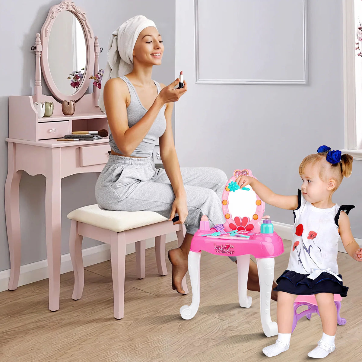 Pink 19 PCS Kids Makeup Vanity Set with Mirror & Music O86756