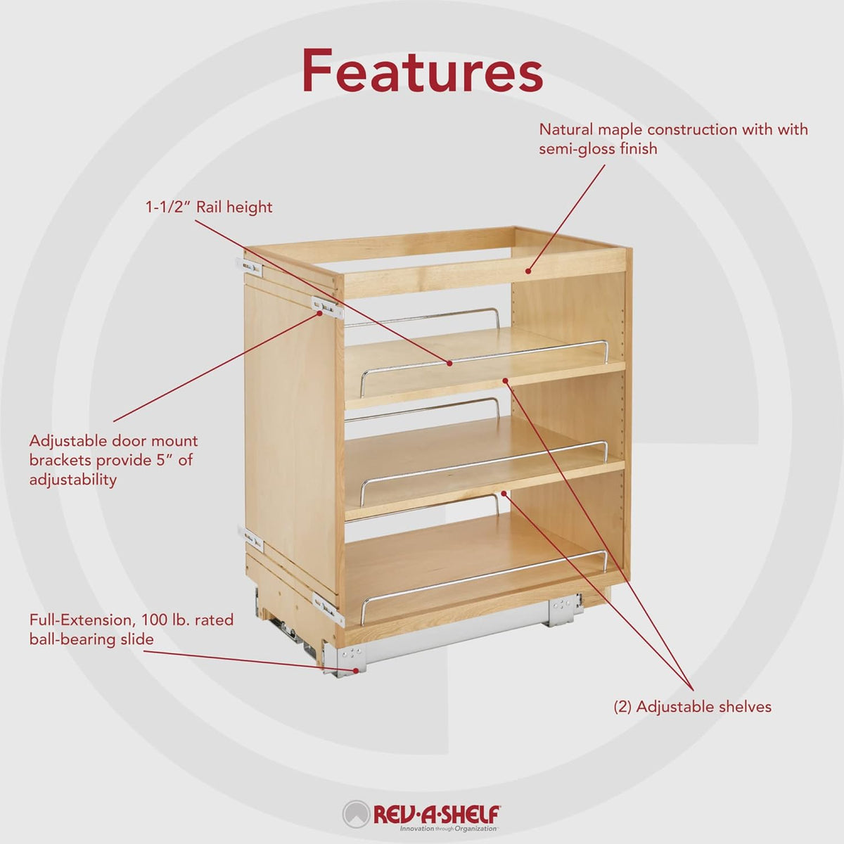 11 Inch Base Cabinet Pullout Storage Organizer with Adjustable Wood Shelves and Chrome Rails A96856
