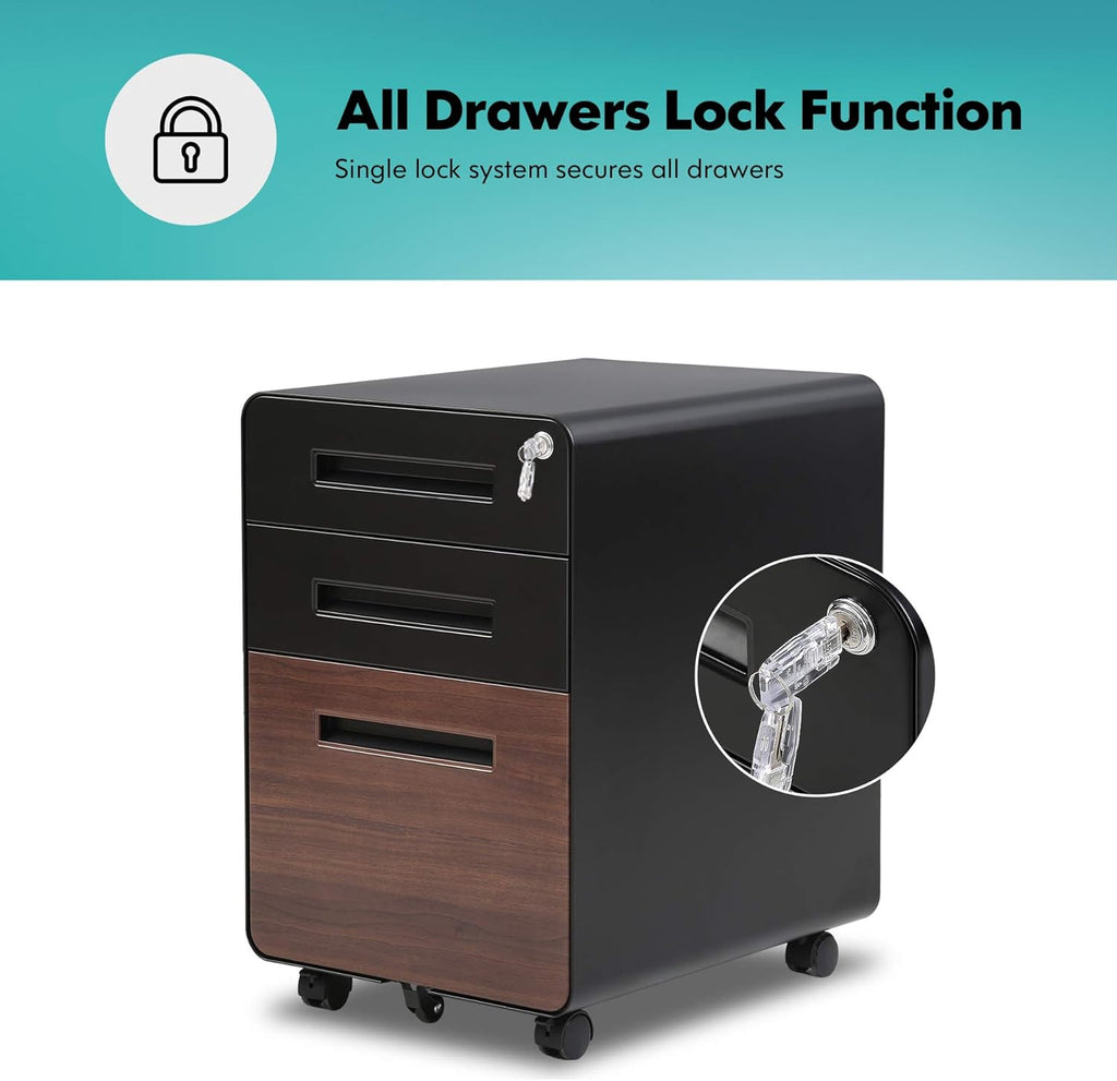 3 Drawer Slim Vertical Locking Mobile File Cabinet with Casters Metal Filing Cabinet L5403