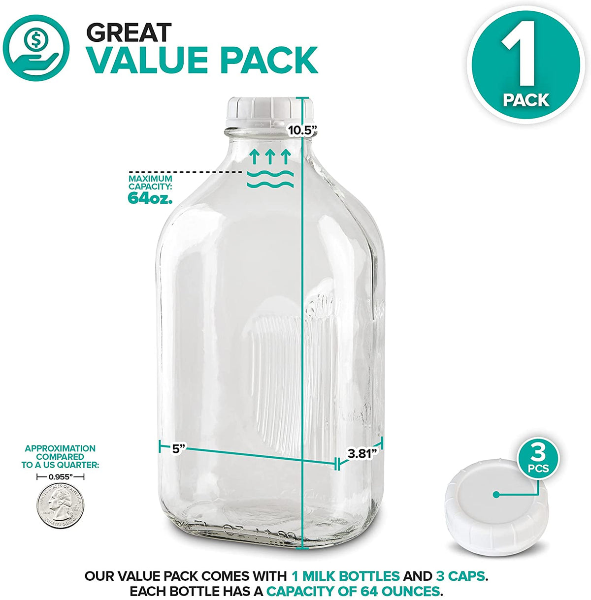 64-Oz Glass Milk Bottles with 3 White Caps, Dishwasher Safe I429