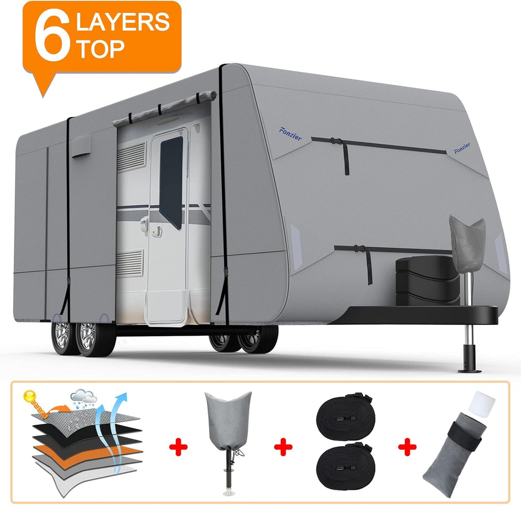 Heavy Duty 6 Layers Travel Trailer RV Cover Anti-UV Camper Cover for 31'7" - 34' Motorhome Breathable Rip-Stop with 2Pcs Extra Straps & Gutter Spout Covers R84082