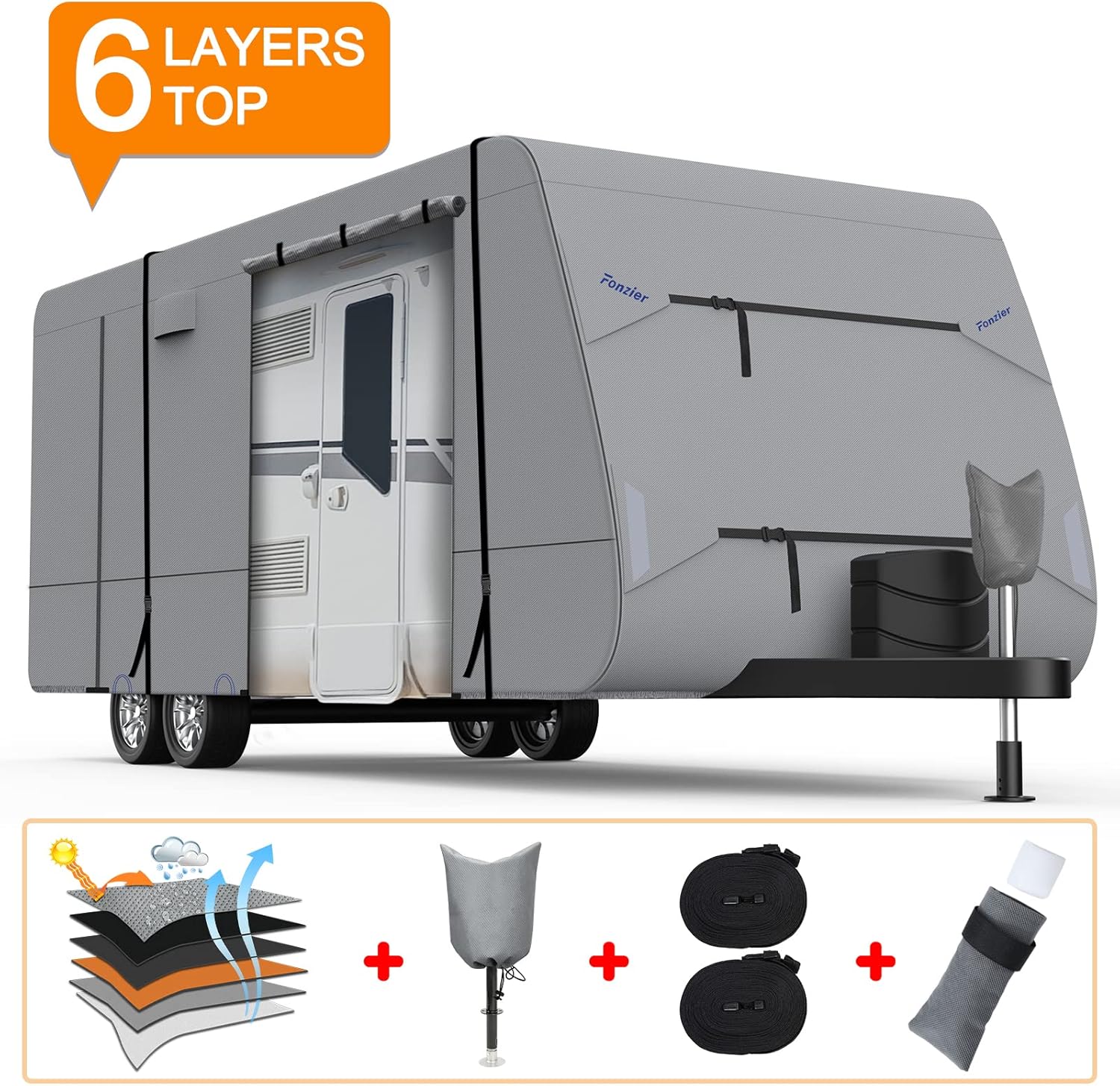 Heavy Duty 6 Layers Travel Trailer RV Cover Anti-UV Camper Cover for 31'7" - 34' Motorhome Breathable Rip-Stop with 2Pcs Extra Straps & Gutter Spout Covers R84082