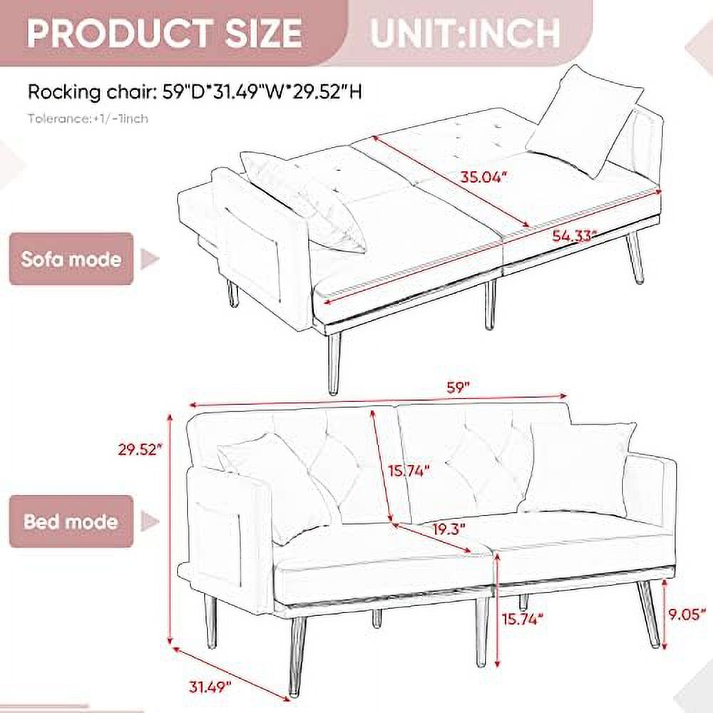 Grey Velvet Convertible Futon Sofa Bed with Two Pillows E263238