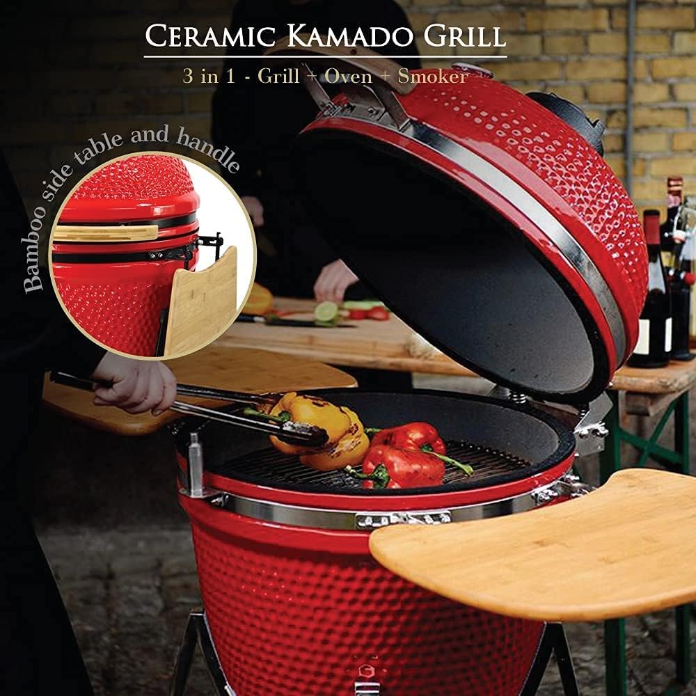 Red 21 Large Ceramic Kamado Grill Cooker with Trolley V54855