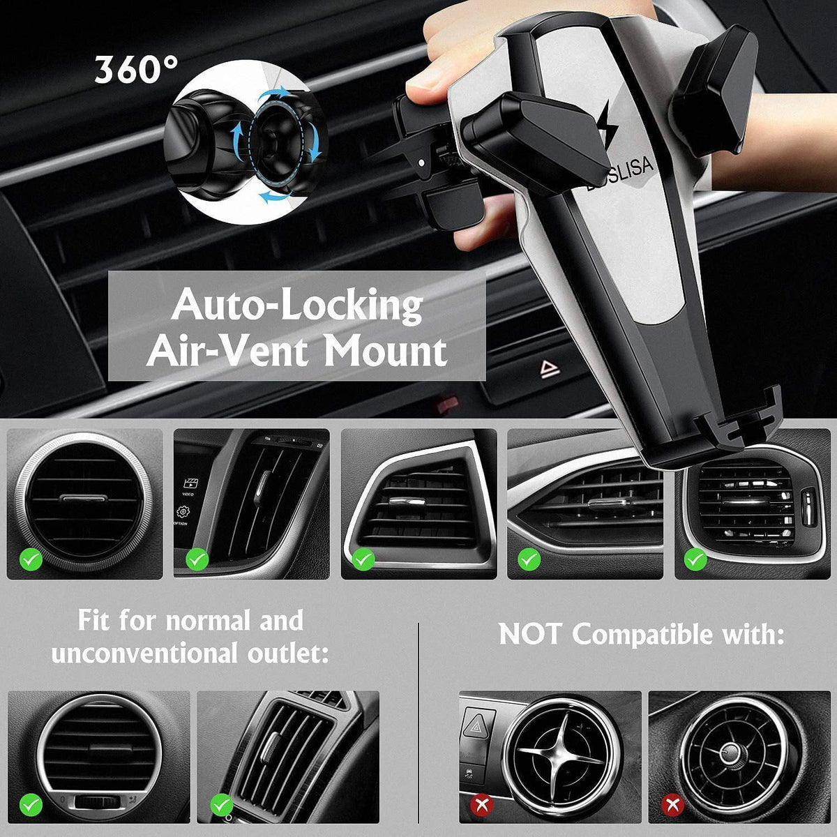 Wireless Charging Car Vent Cellphone Mount Silver N59649