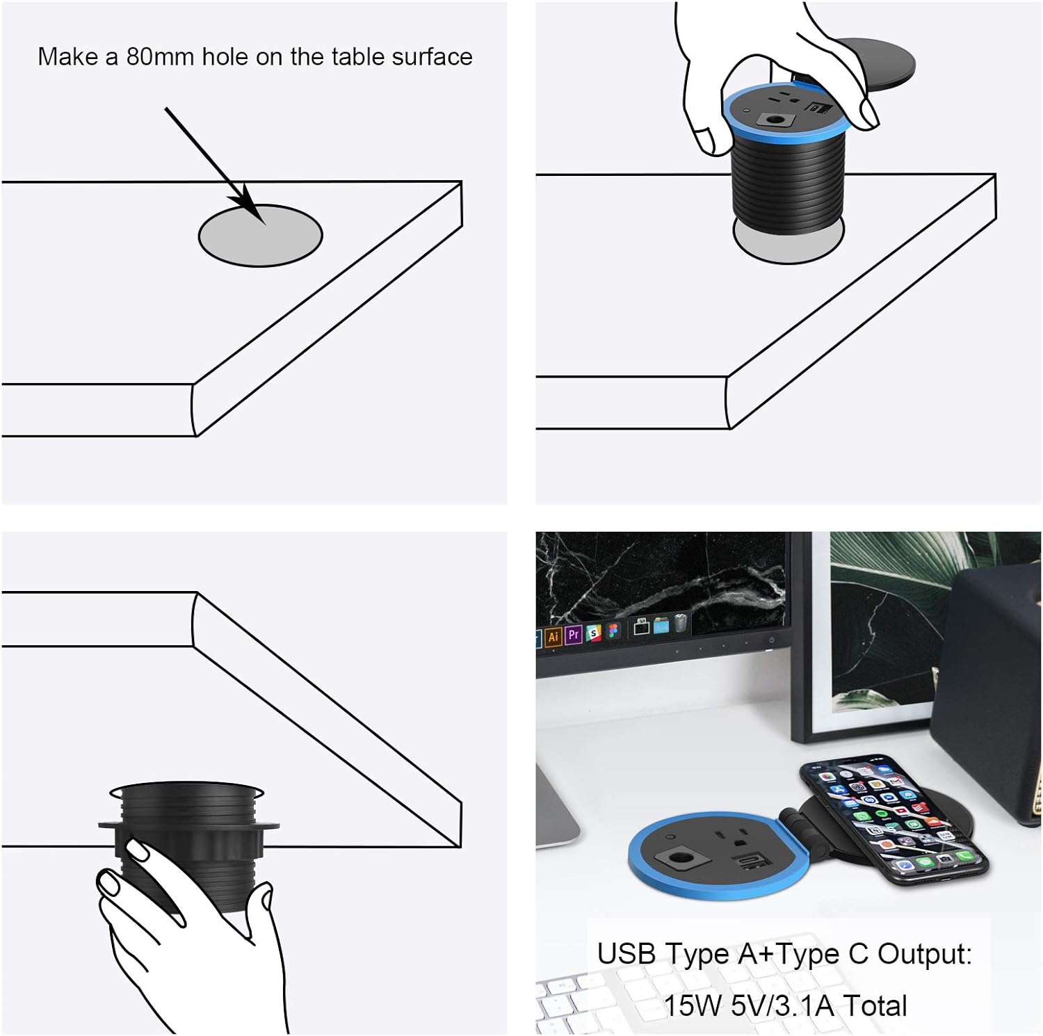 Desktop Power Grommet with Wireless Charger, USB C, Pack of 2 F9047