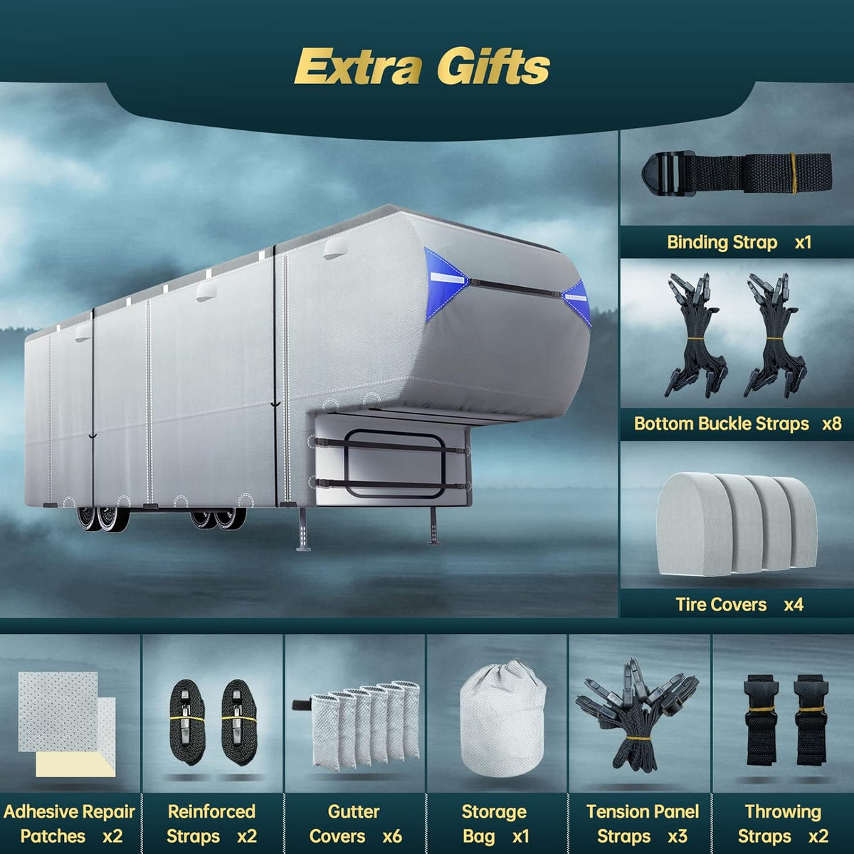 5th Wheel RV Trailer Cover with 4 Tire Covers & Windproof Straps W451495