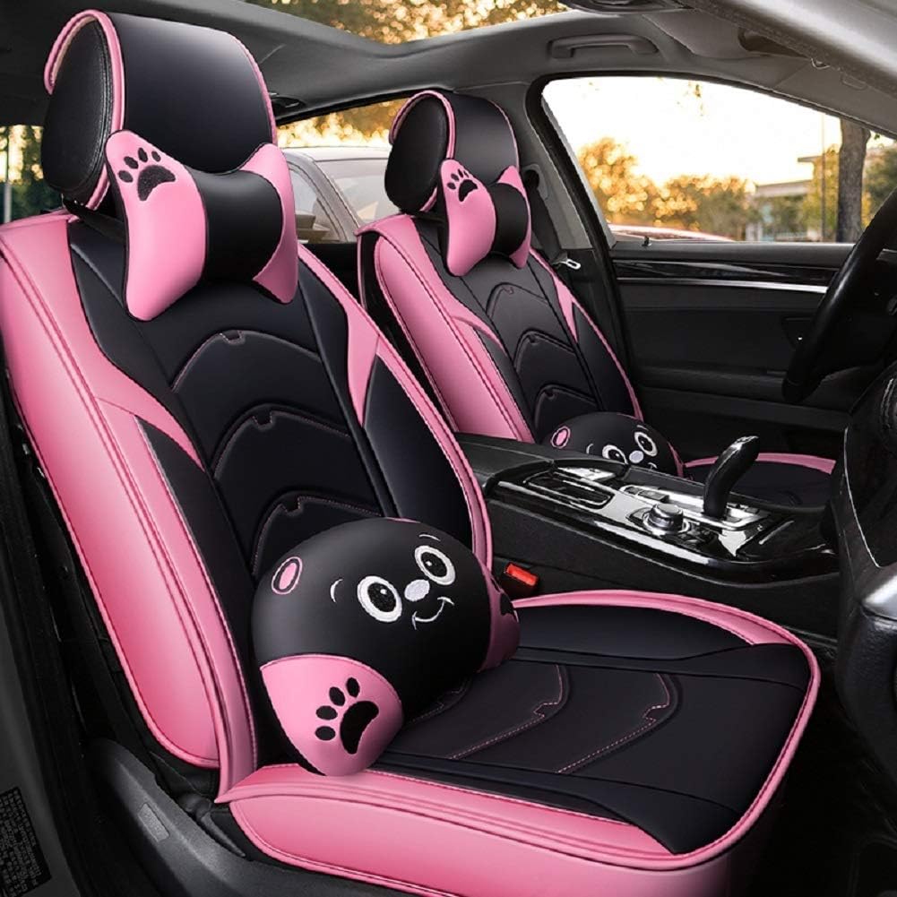 Black-Pink Leather 5 Seat Full Set Seat Cover Cushion R95484