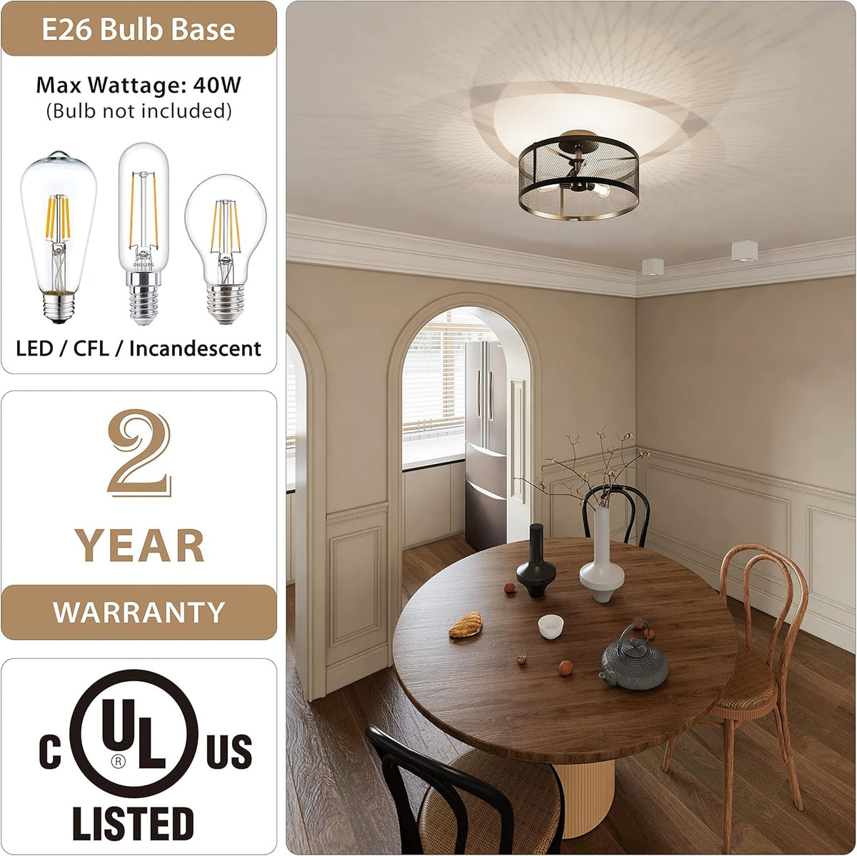 Industrial 3-Light Metal Cage Semi Flush Mount Ceiling Light Black Finish O206401