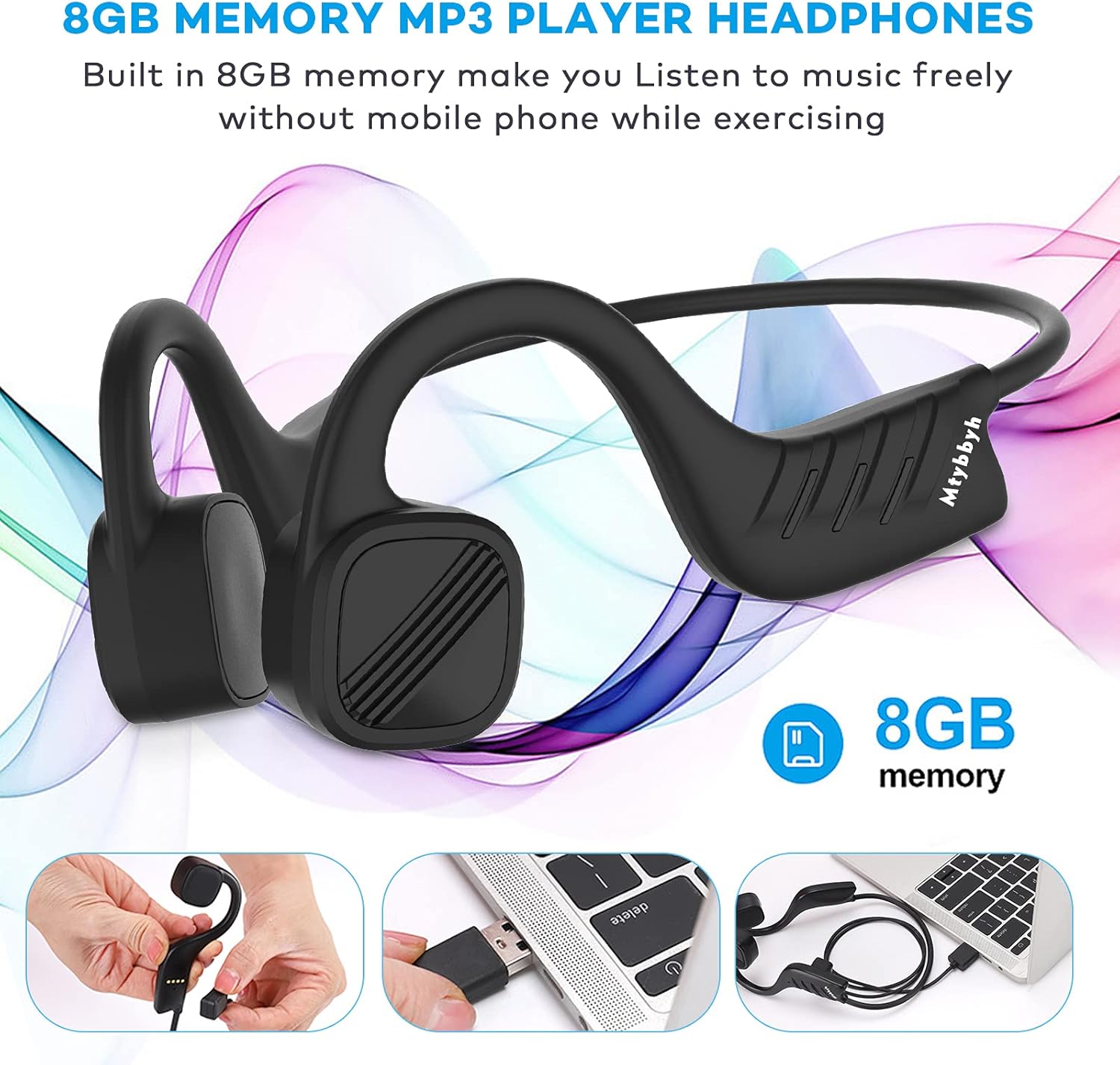 Waterproof Bone Conduction Headphones IPX8 Open-Ear 8GB MP3 Player Wireless Bluetooth Sports Headphones with Noise Cancelling MIC O13174