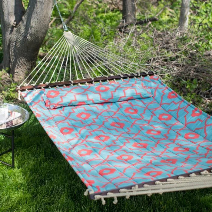 Coral and Spa Blue Quilted 2 Person Hammock K166677