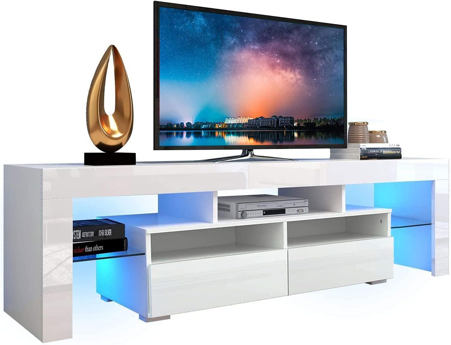 Black TV Stand with LED Lights and Storage Cabinet Shelves Q750595