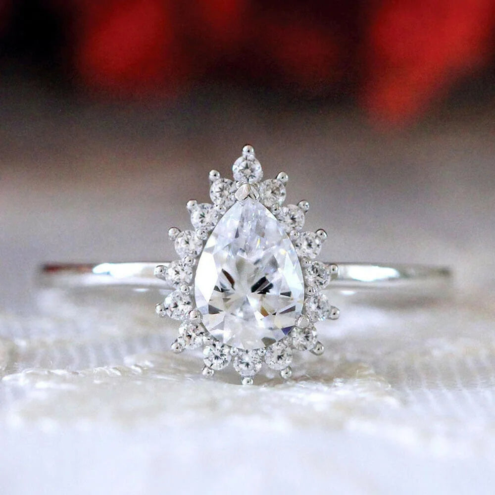 Pear Shape Moissanite Solitaire Engagement Ring, 18K White Gold Plated / 925 Sterling Silver Ring V564