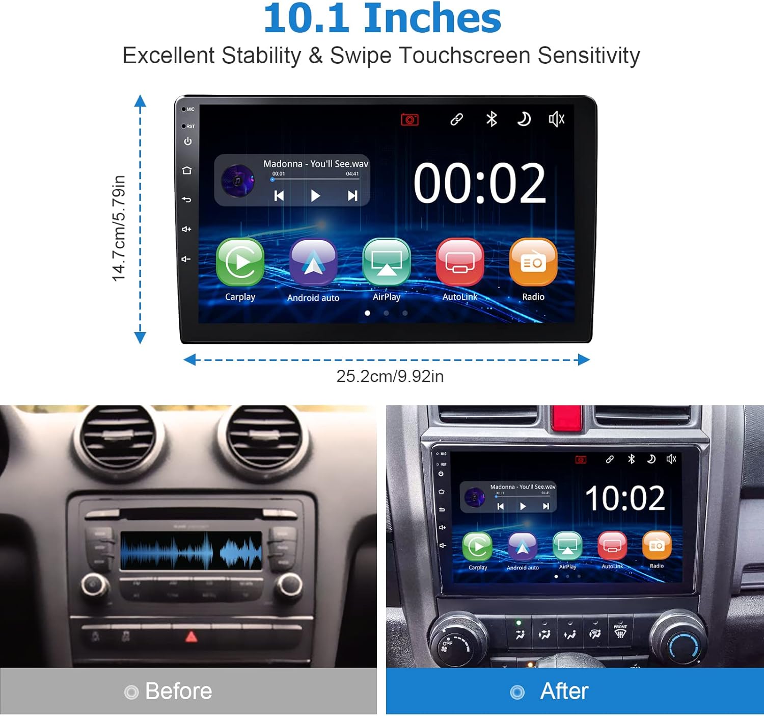 10.1 IPS Touchscreen Car Stereo with Wireless CarPlay Android Auto Bluetooth 5.0 Backup Camera N9318