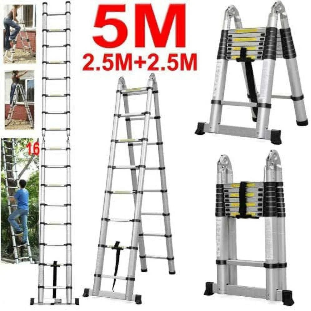 Telescoping Aluminum Extension Ladder with Stabilizer Bar 16.5FT A-Frame Ladder 330 Lb Capacity M3162