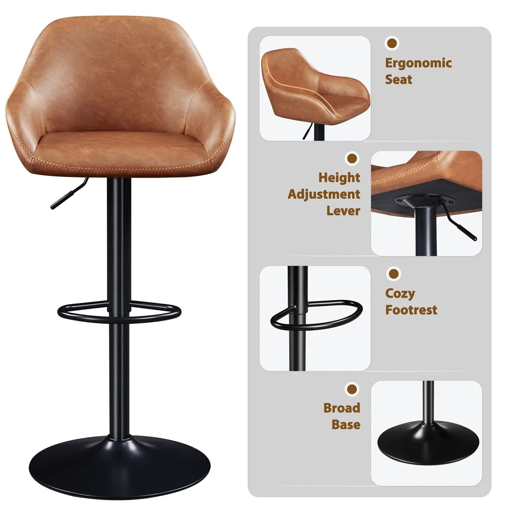Vintage Adjustable Faux Leather Bar Stools with Backrest, Set of 2, Brown D228