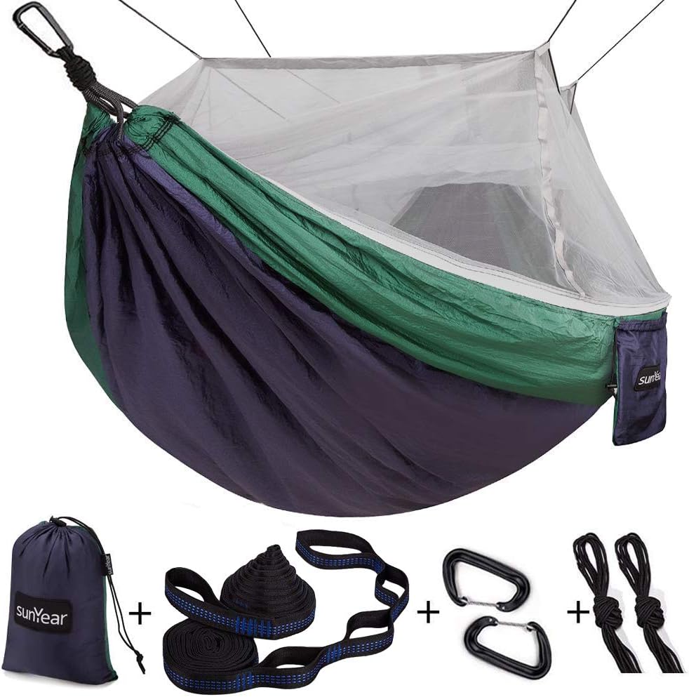 Portable Double Hammock with Net, 2 Person Hammock Tent with Straps J947
