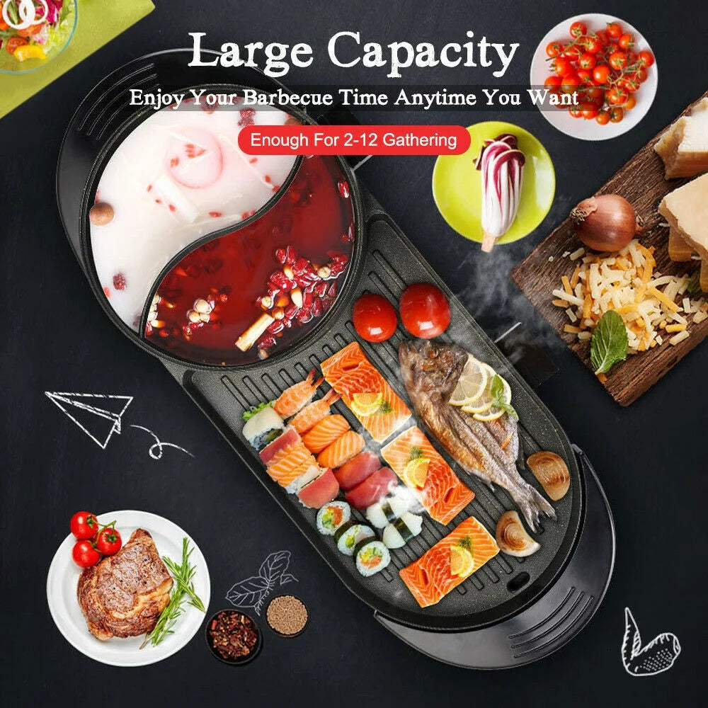 2 in 1 Electric Hot Pot Grill Non-Stick Smokeless Barbecue Pan 1100W V728734