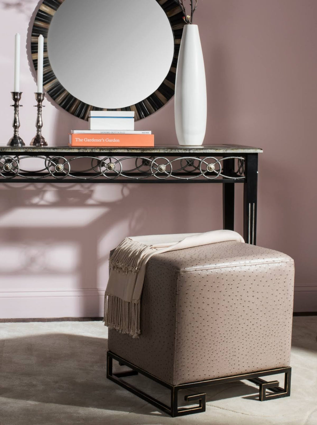 Cream Gold Faux Ostrich Ottoman H514