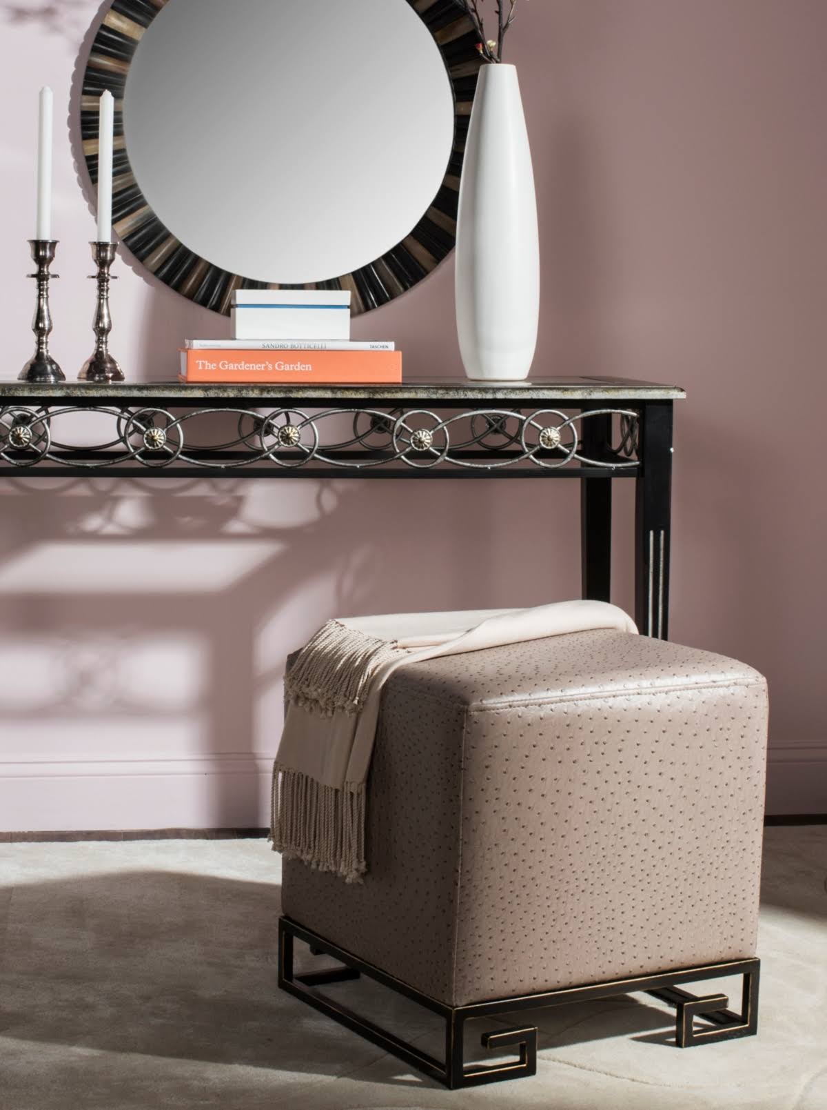 Cream Gold Faux Ostrich Ottoman H514