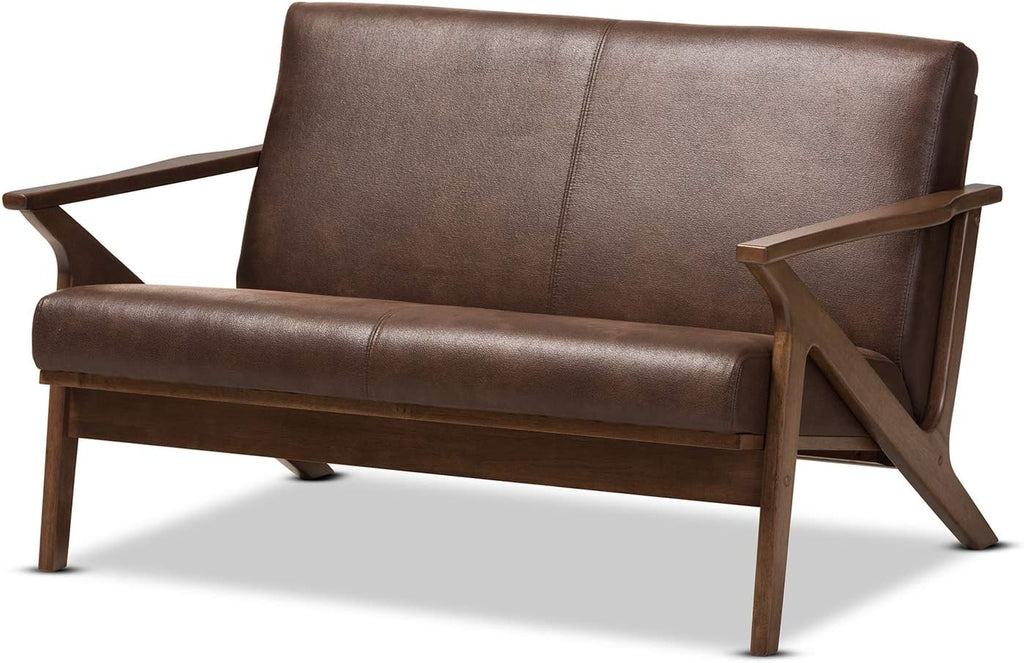 Walnut Wood Dark Brown Distressed Faux Leather 2-Seater Loveseat A96876