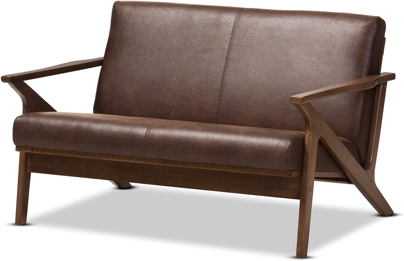 Walnut Wood Dark Brown Distressed Faux Leather 2-Seater Loveseat A96876